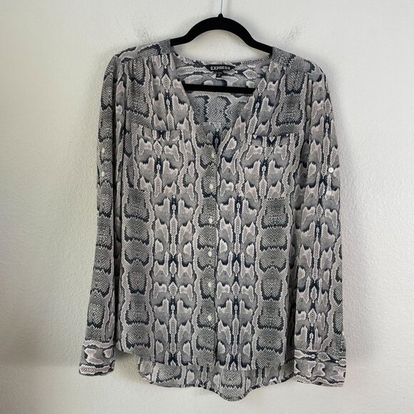Express Womens Medium Gray Snake Print Roll Tab Sleeve Button Up Blouse V Neck - Picture 1 of 7